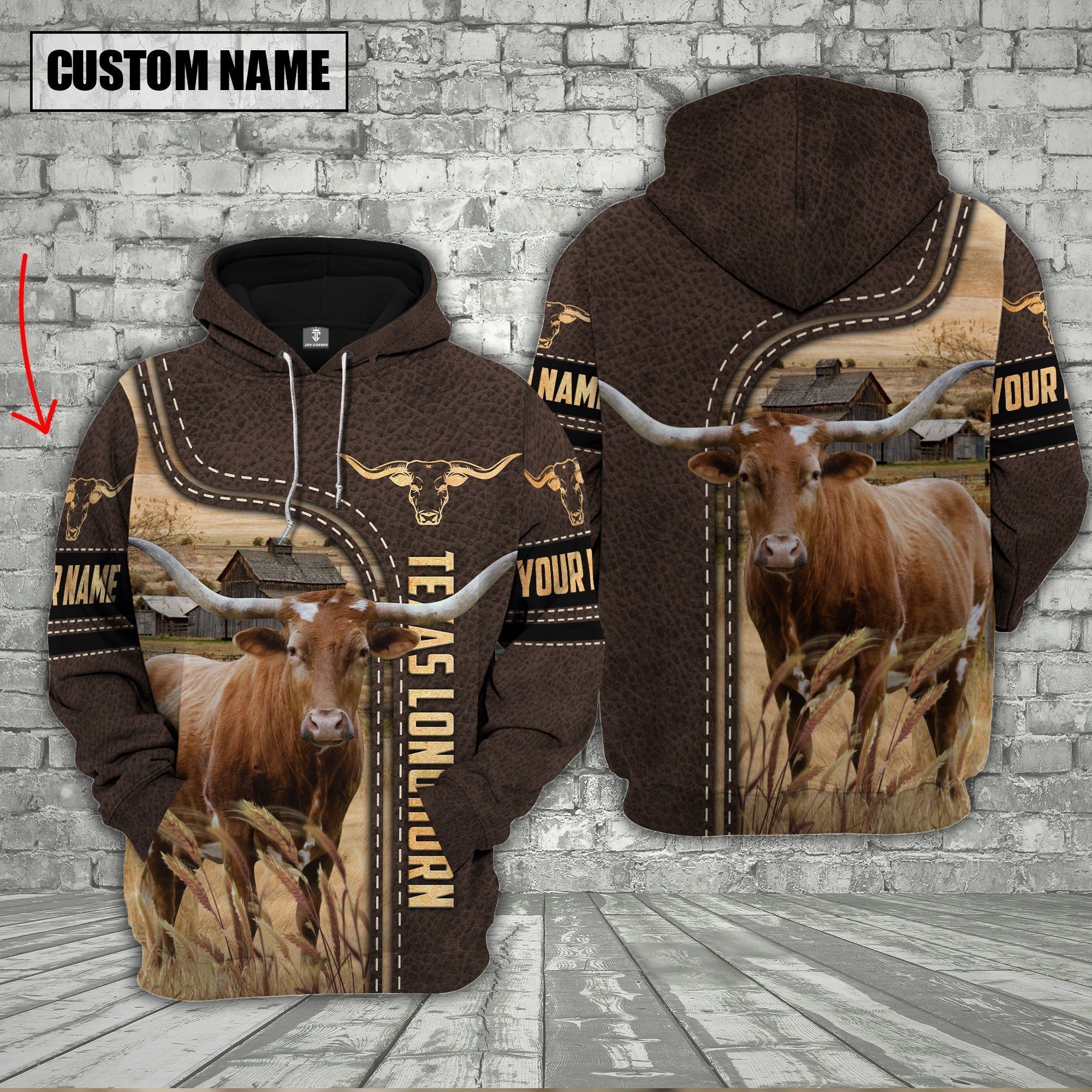 Texas Longhorn Brown Leather Personalized 3D Hoodie
