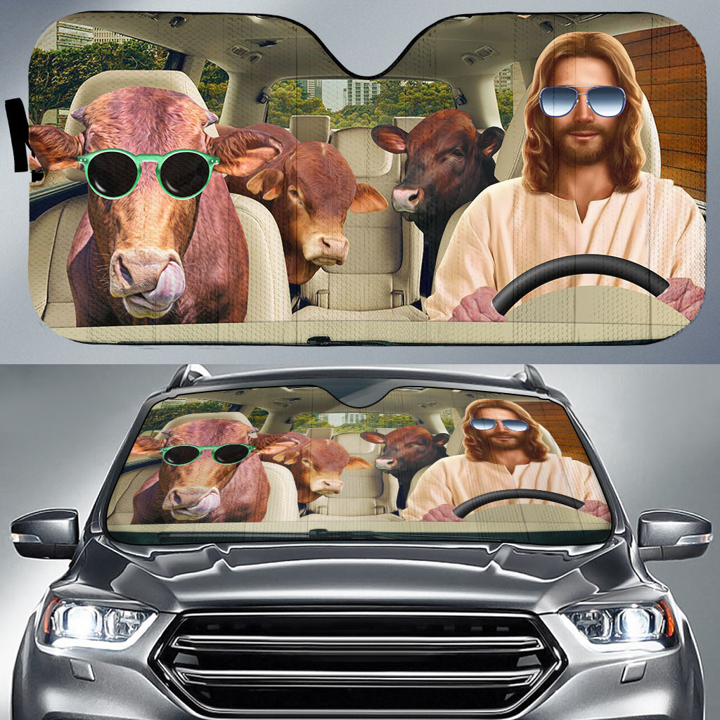 Jesus Driving Beefmaster Cattle All Over Printed 3D Sun Shade