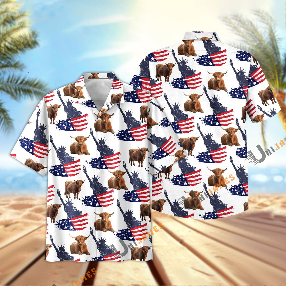 Highland US Flag and Liberty Pattern Hawaiian Shirt