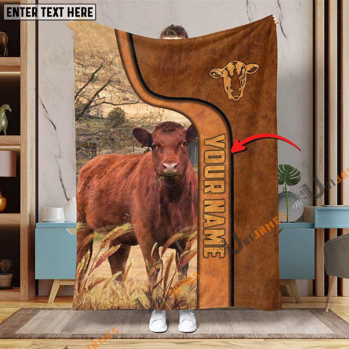Personalized Name Red Angus Premium Brown Pattern Blanket