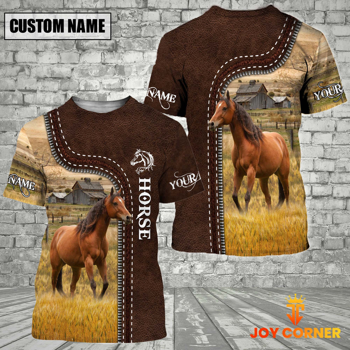 Horse Farm Custom Name Leather Pattern T-Shirt