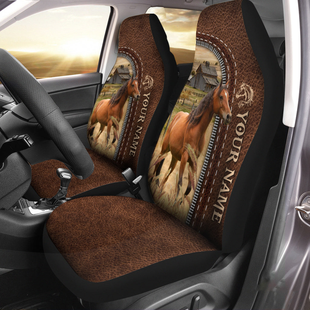 Horse Personalized Name Leather Pattern Car Seat Covers Universal Fit (2Pcs)