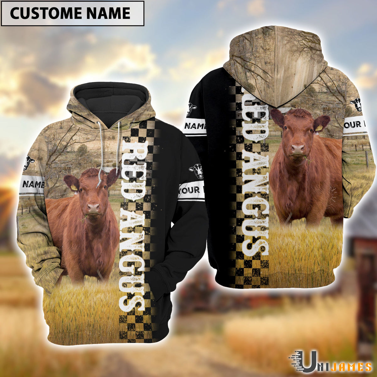 Personalized Name Red Angus Day & Night On The Farm 3D Hoodie