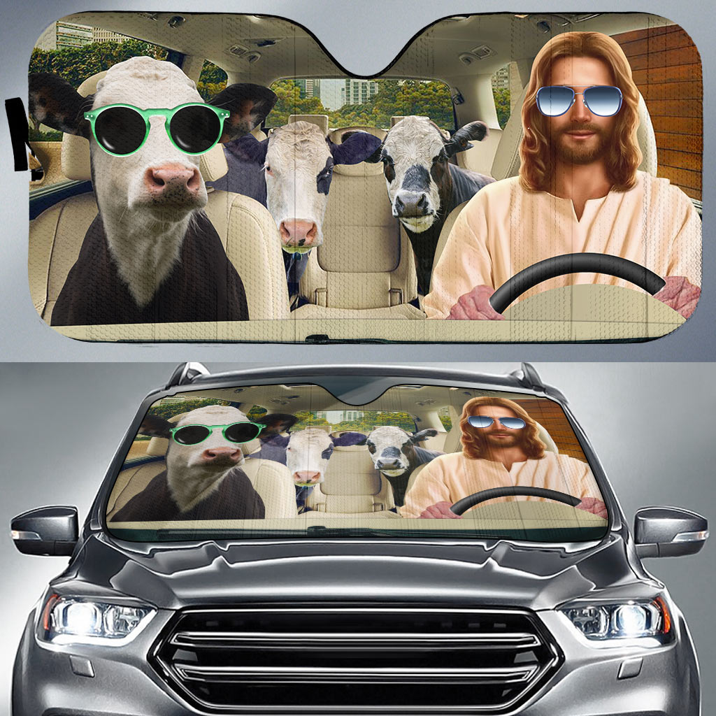 Jesus Driving Black Baldy Cattle All Over Printed 3D Sun Shade