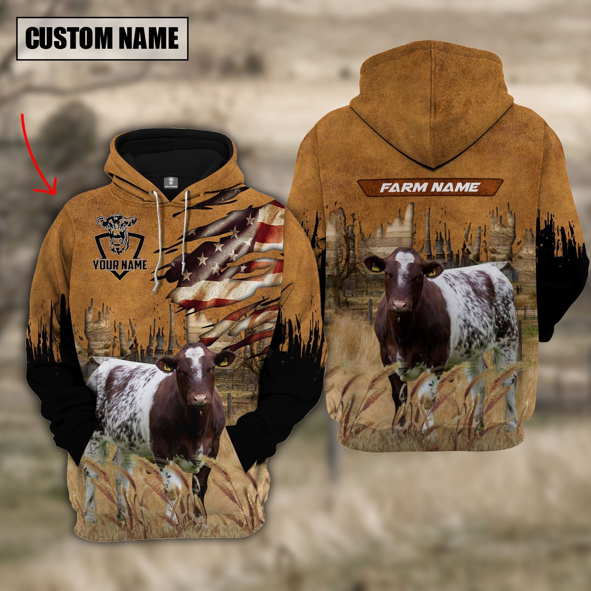 Shorthorn Custom Name US FLAG Pattern Hoodie