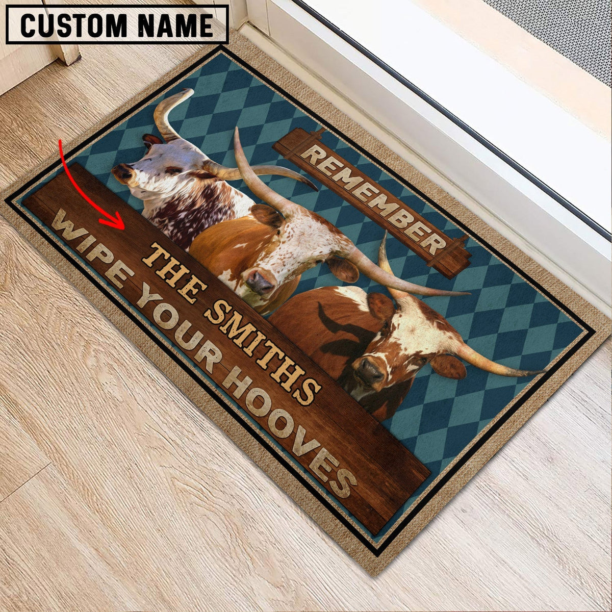 Texas Longhorn Wipe Your Hooves Custom Name Doormat