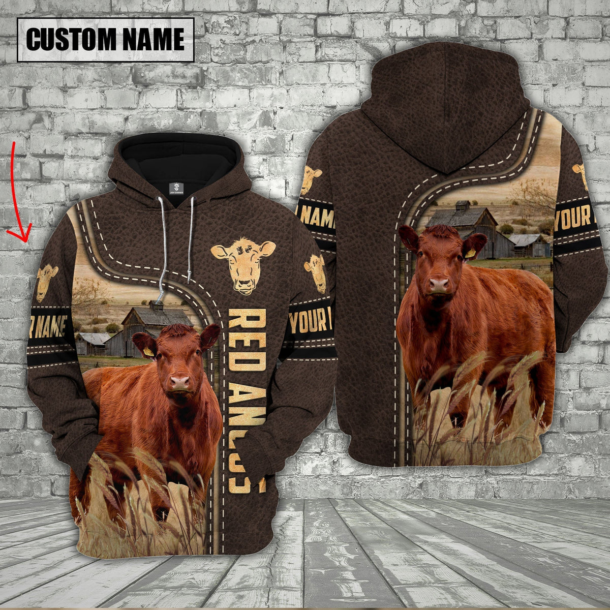 Red Angus Cattle Brown Leather Personalized 3D Hoodie