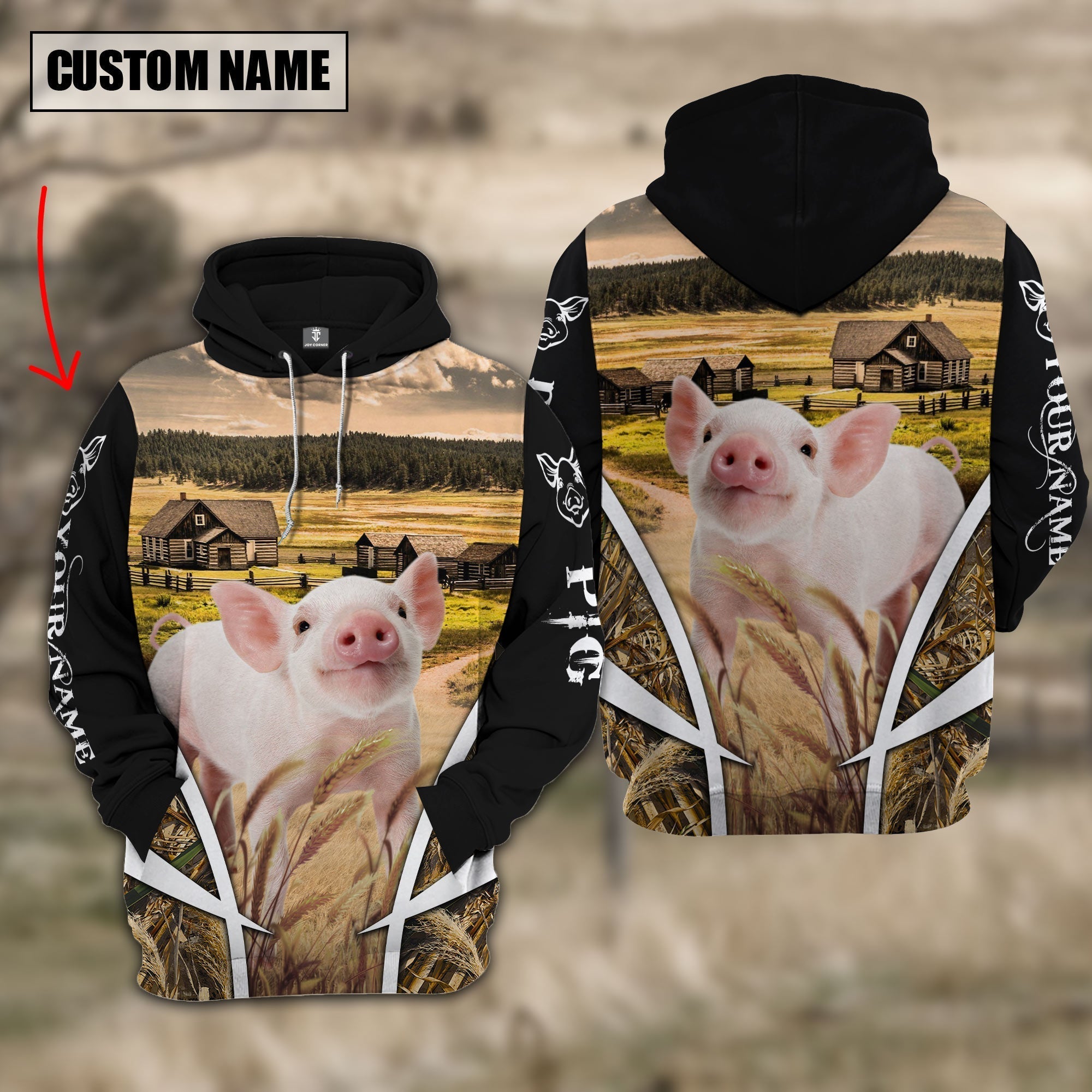 Pig Custom Name Meadow Pattern Black Hoodie