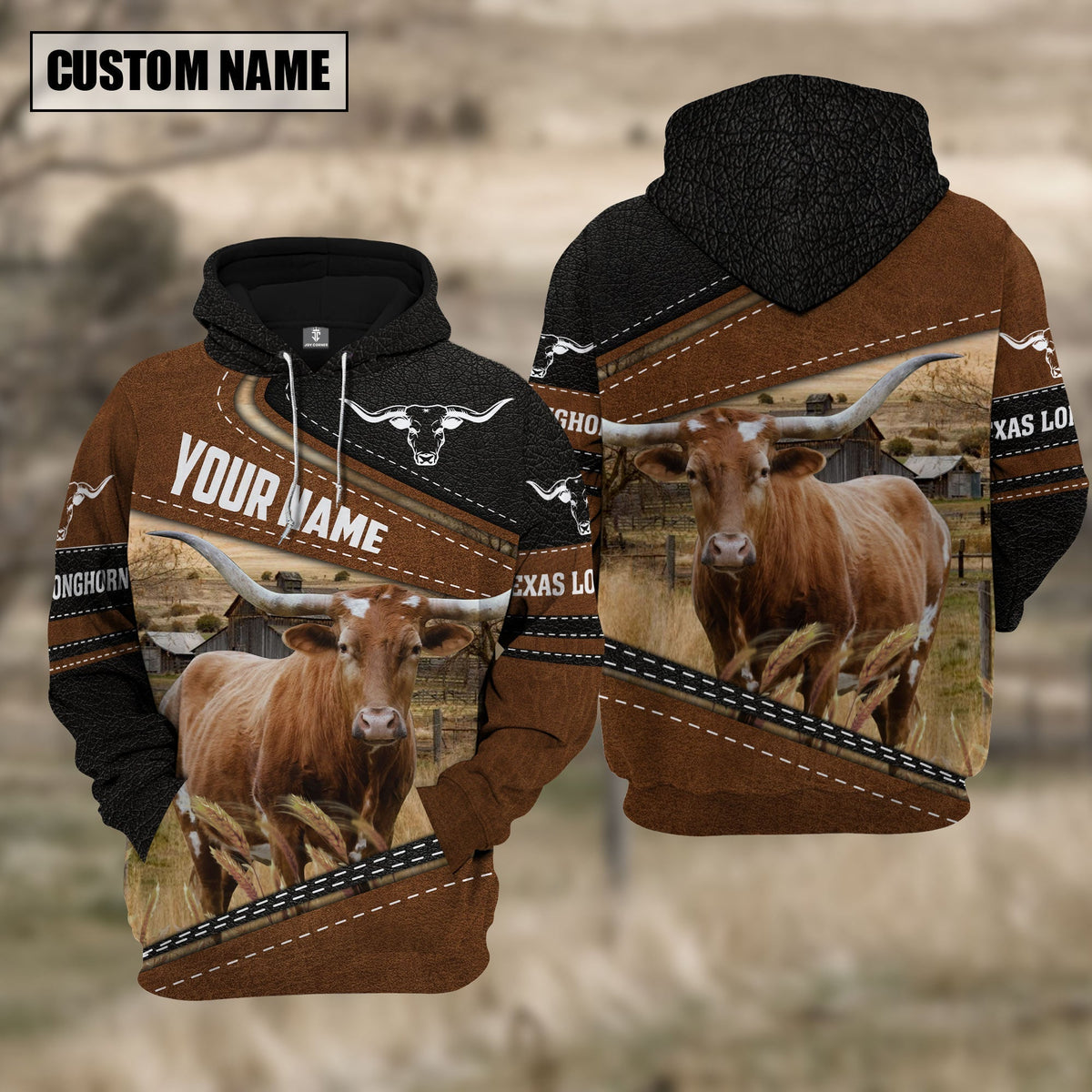 Texas Longhorn Cattle Leather Pattern Farm Personalized 3D Hoodie