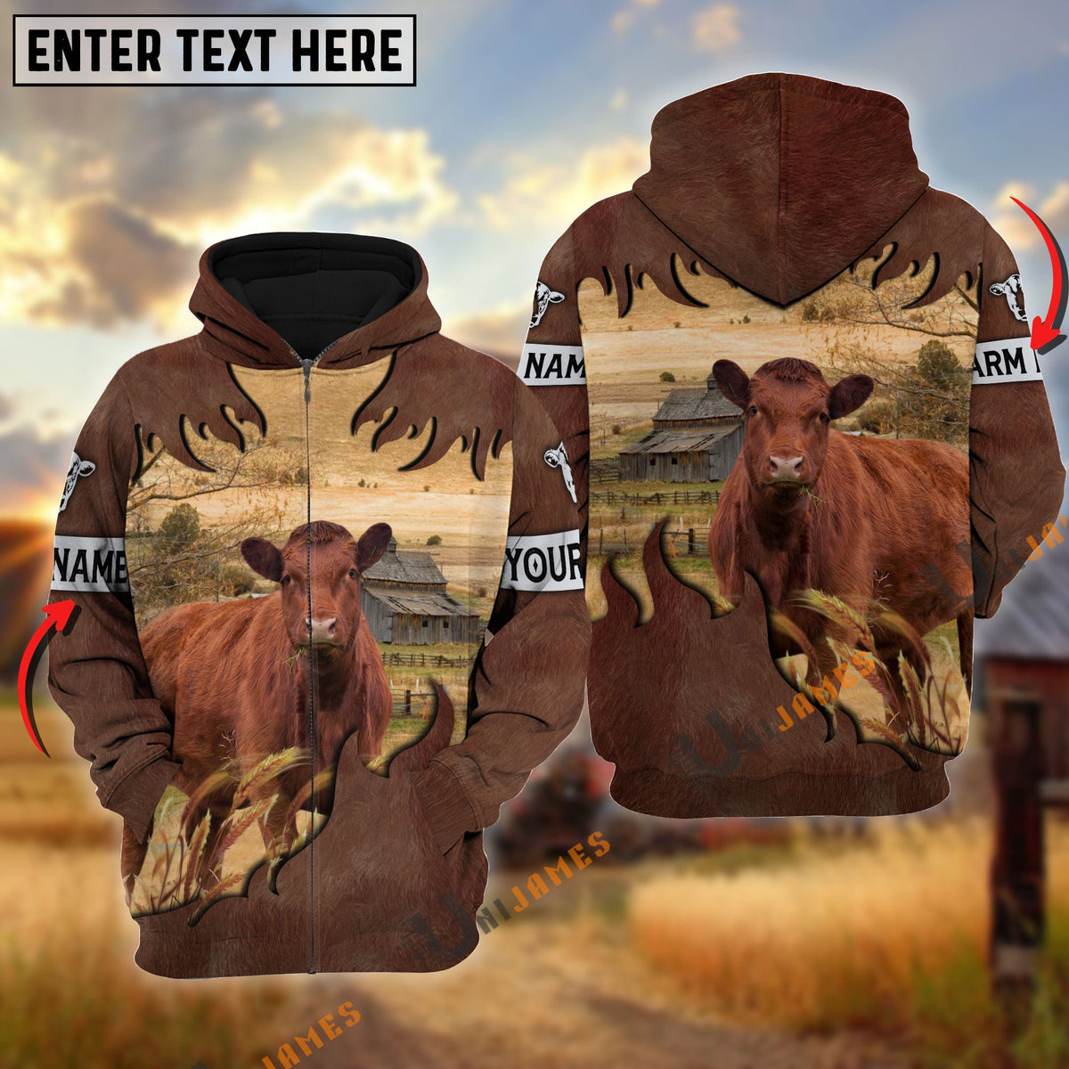 Red Angus Brown Hair Pattern Personalized Name 3D Hoodie
