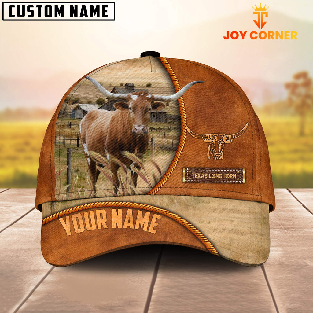 Custom Name Texas Longhorn Leather Pattern Cap TT4