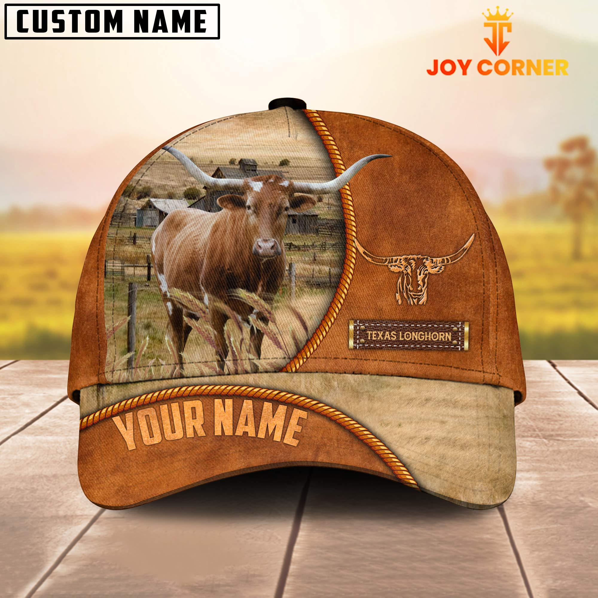 Custom Name Texas Longhorn Leather Pattern Cap TT4