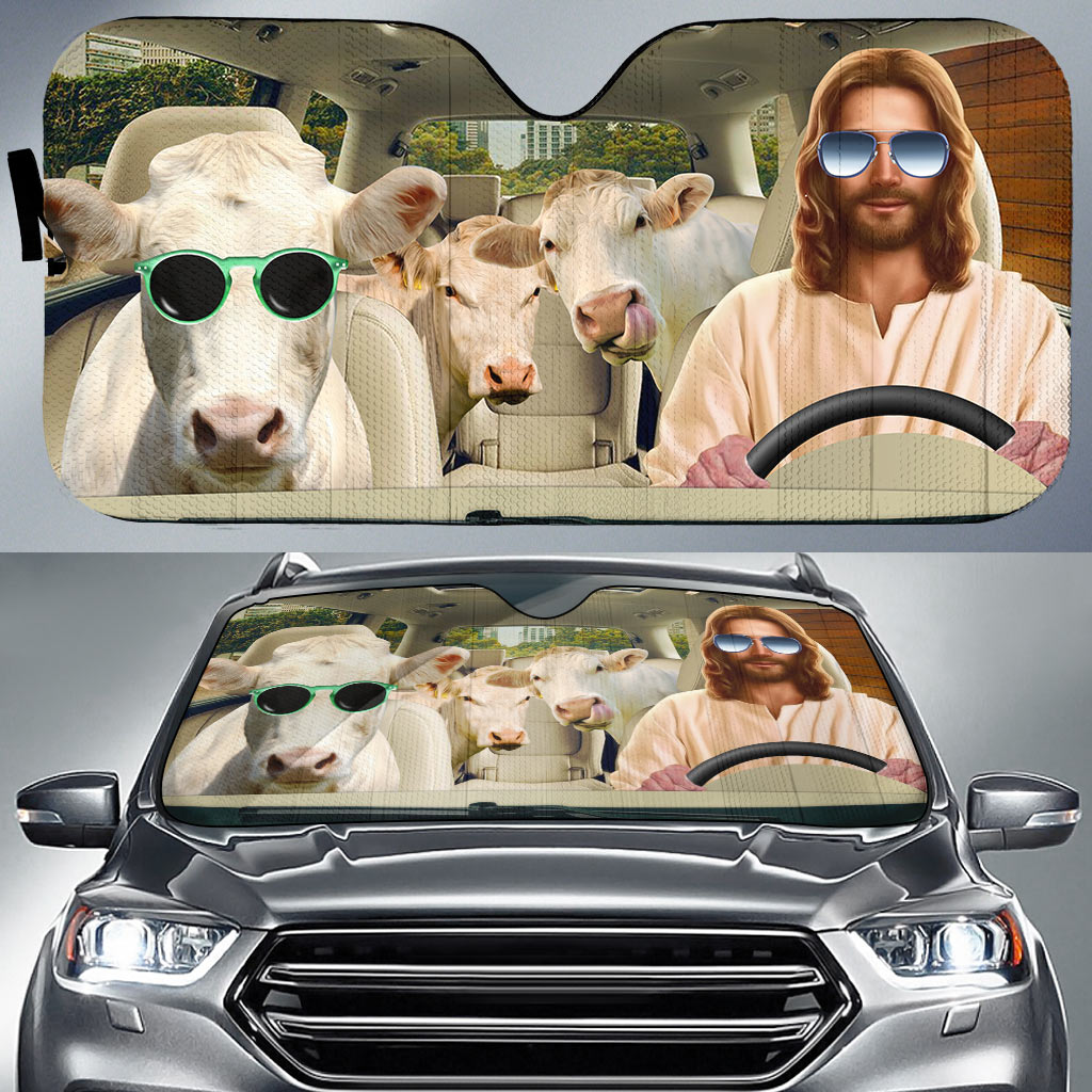 Jesus Driving Charolais Cattle All Over Printed 3D Sun Shade