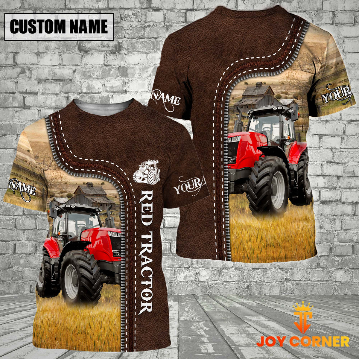 Red Tractor Farm Custom Name Leather Pattern T-Shirt