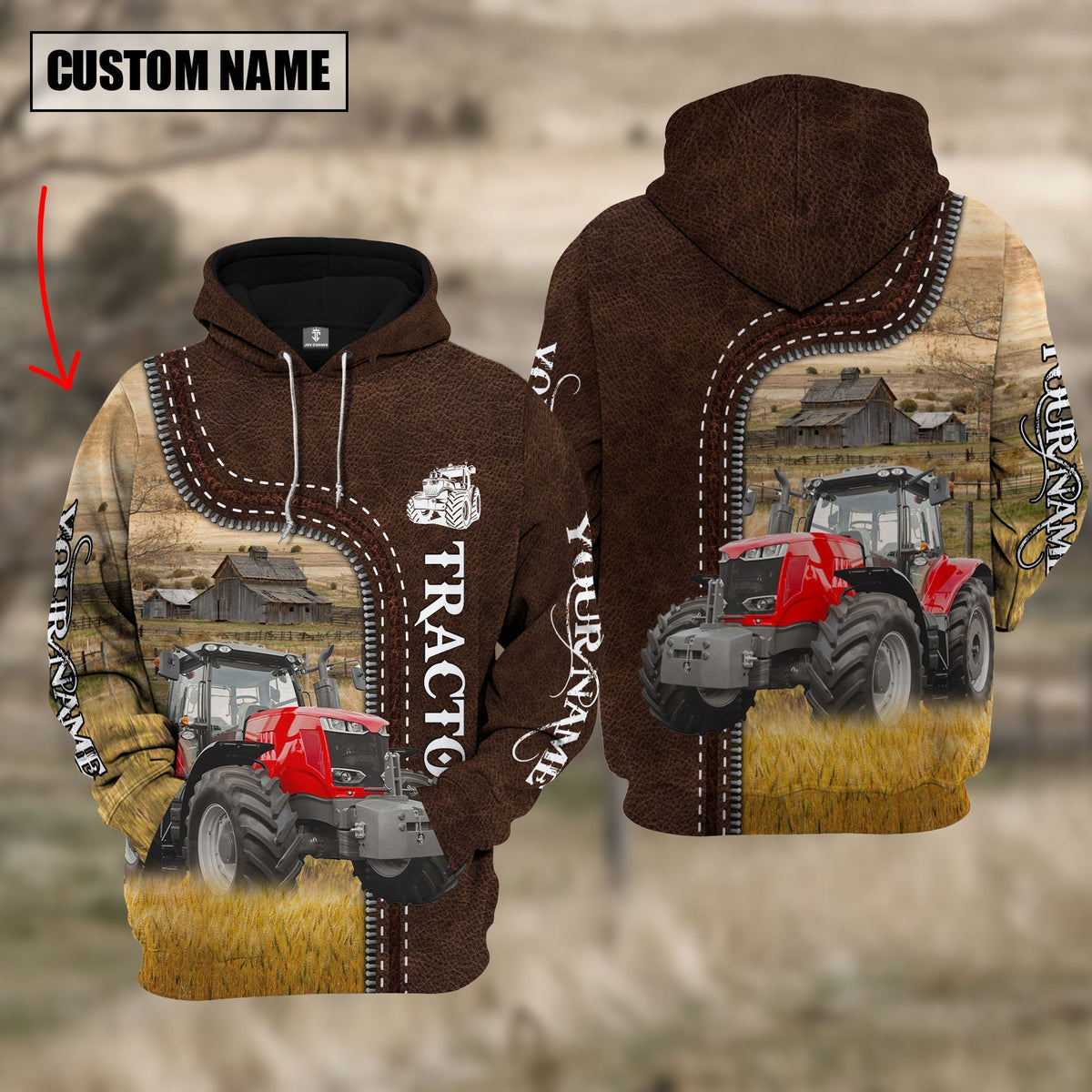 Red Tractor Farming Leather Pattern Personalized 3D Hoodie