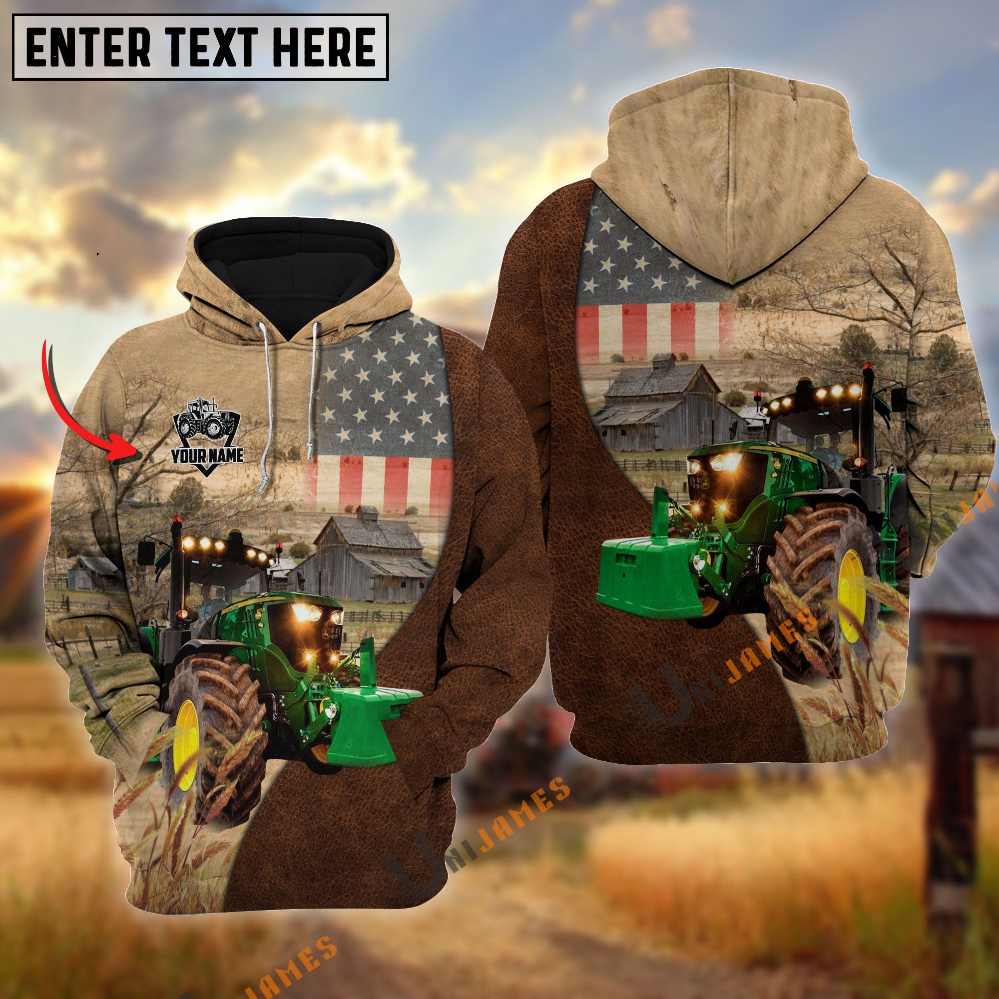 Personalized Name Tractor Cattle USA Flag Hoodie
