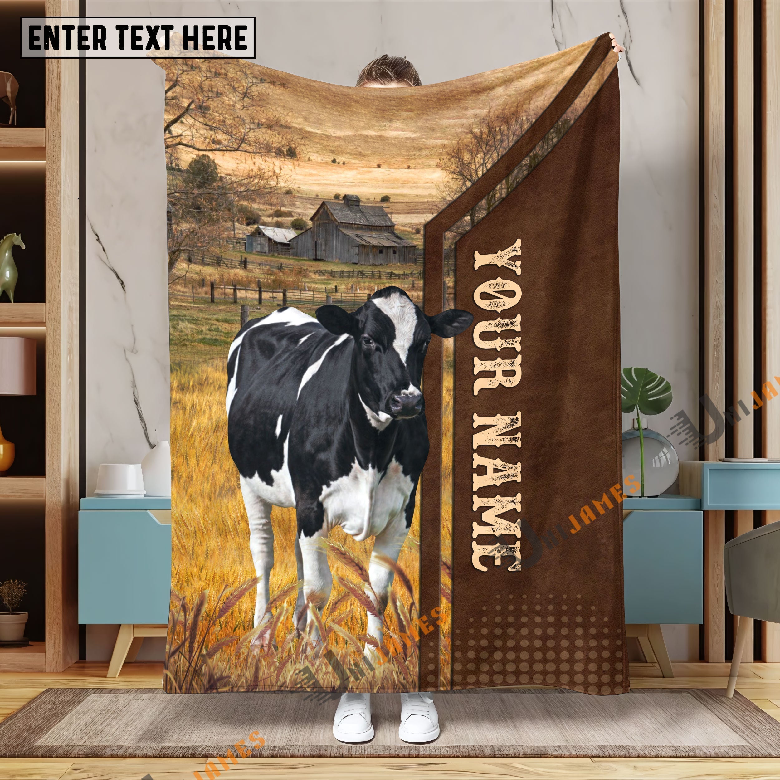 Personalized Name Holstein Farming Life Pattern Blanket
