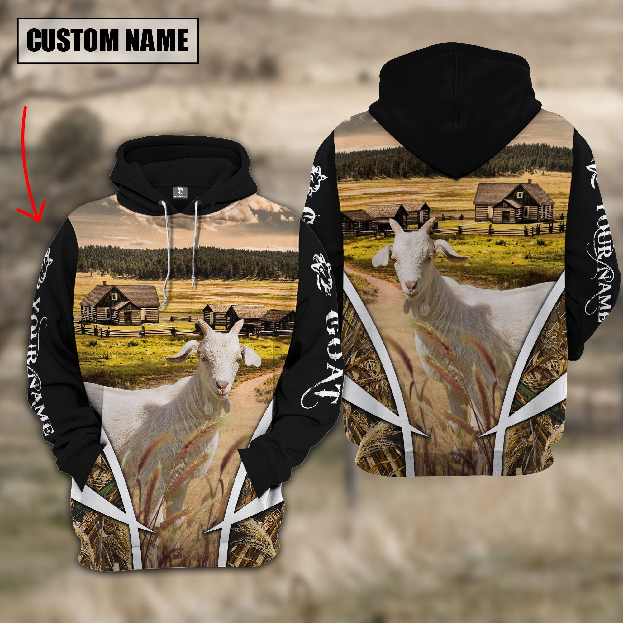 Goat Custom Name Meadow Pattern Black Hoodie