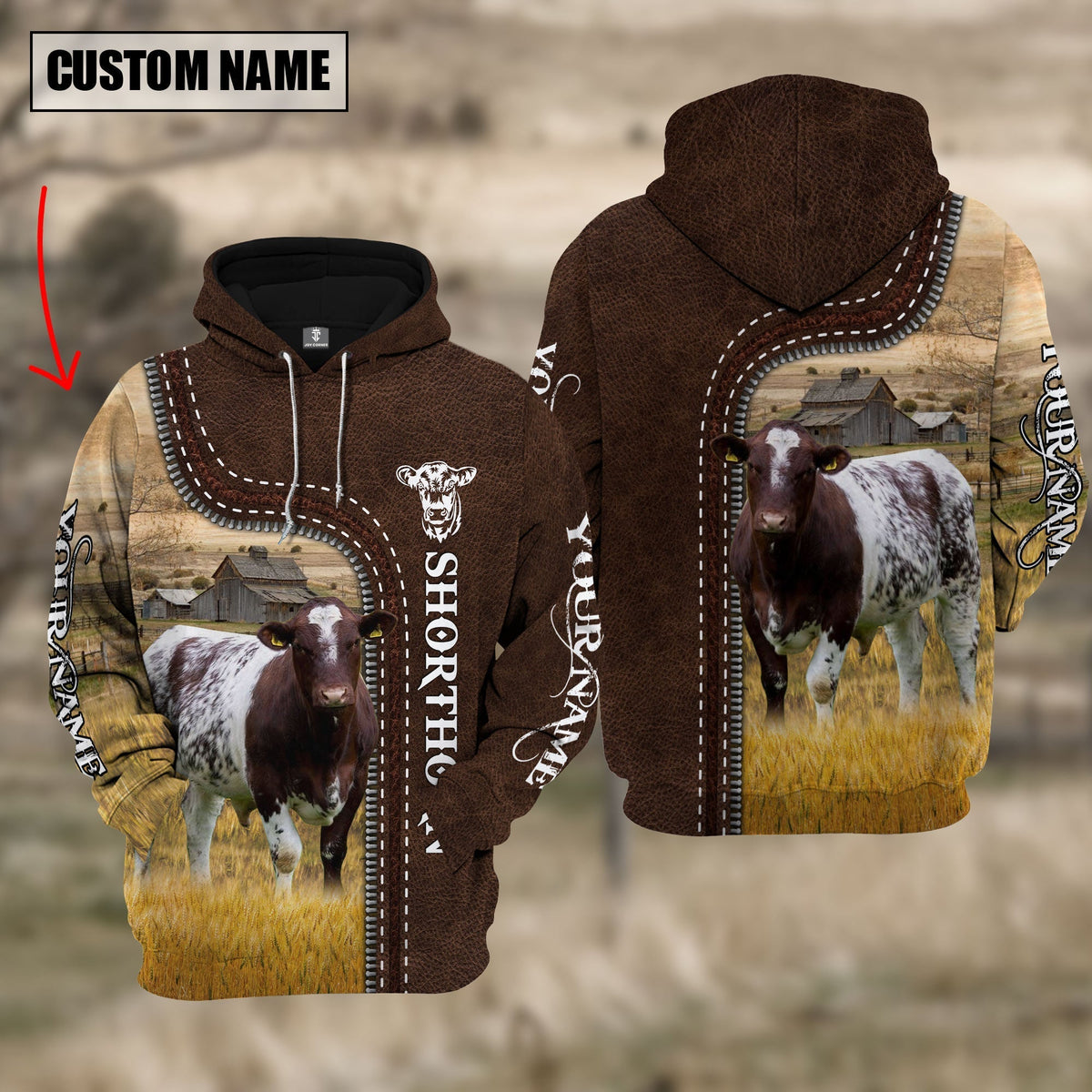 Shorthorn Farming Leather Pattern Personalized 3D Hoodie