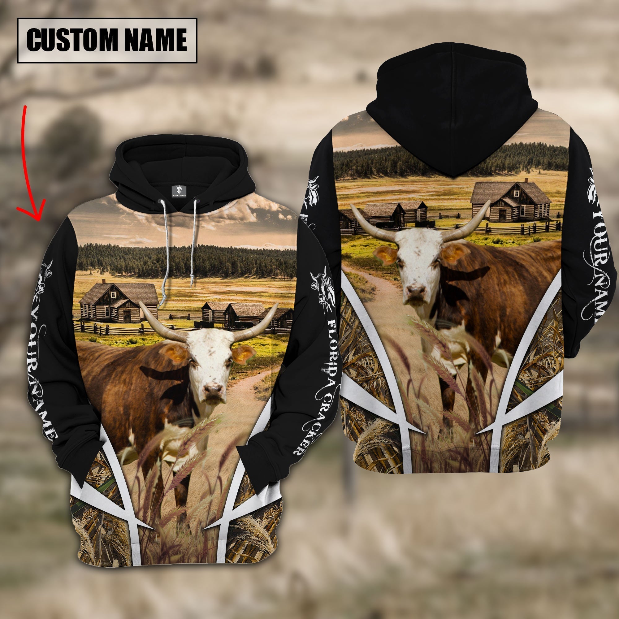 Florida Cracker Custom Name Meadow Pattern Black Hoodie