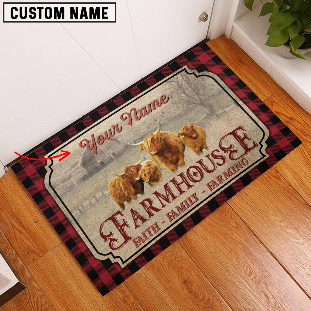 Miniature Highland Faith Family Farming Custom Name Doormat