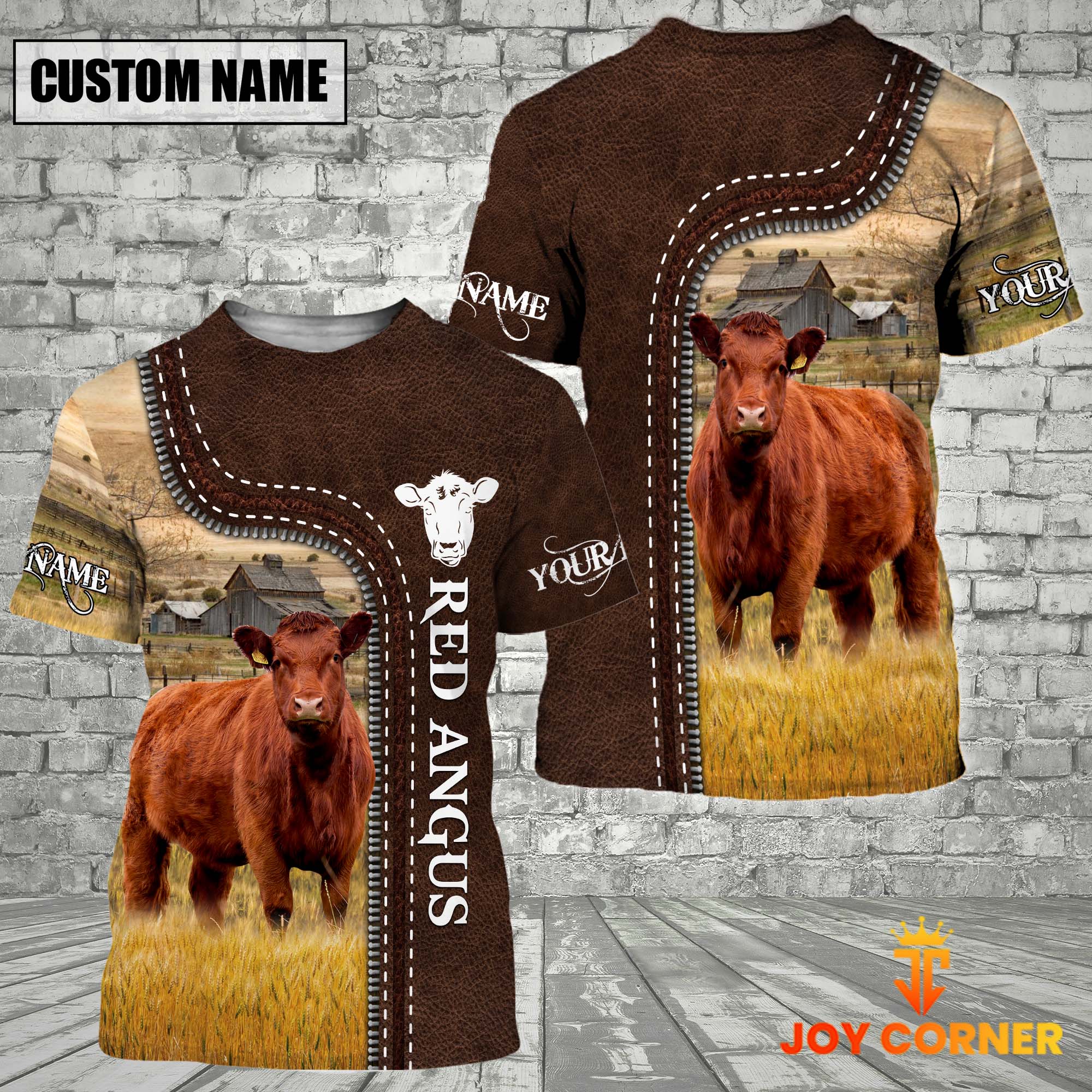 Red Angus Farm Custom Name Leather Pattern T-Shirt