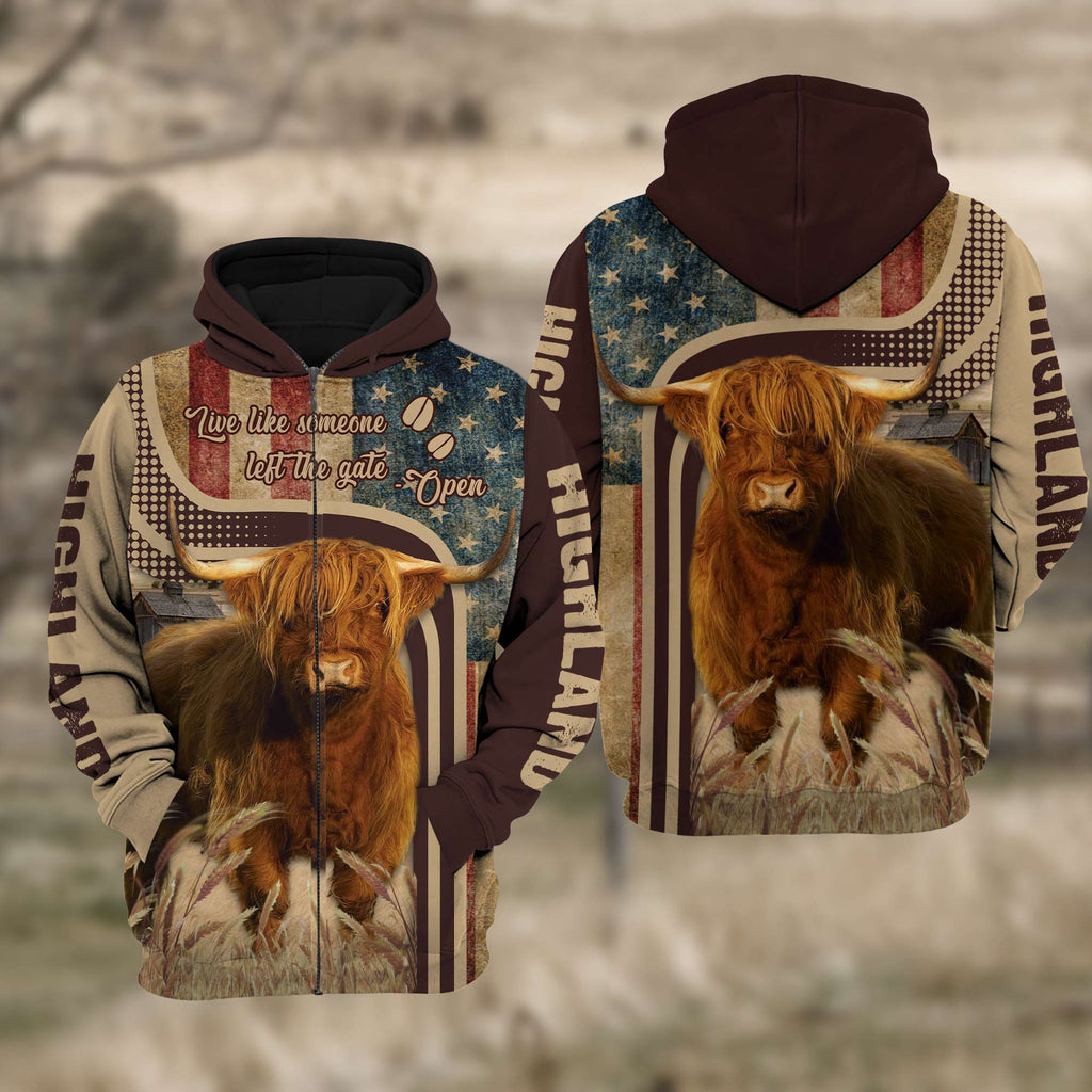 Highland Cattle US Flag All Over Printed 3D Cattle Hoodie TT1