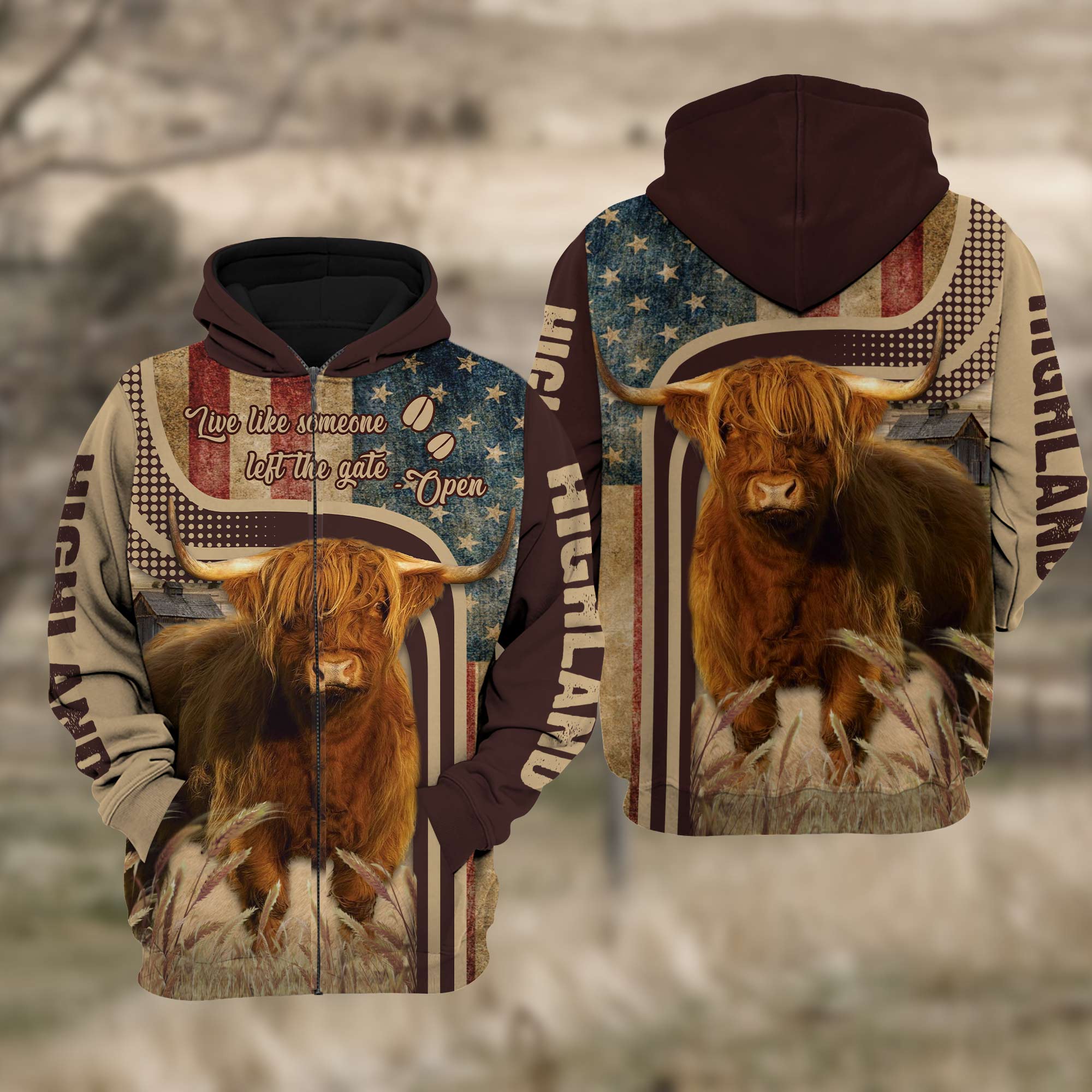 Highland Cattle US Flag All Over Printed 3D Cattle Hoodie TT1