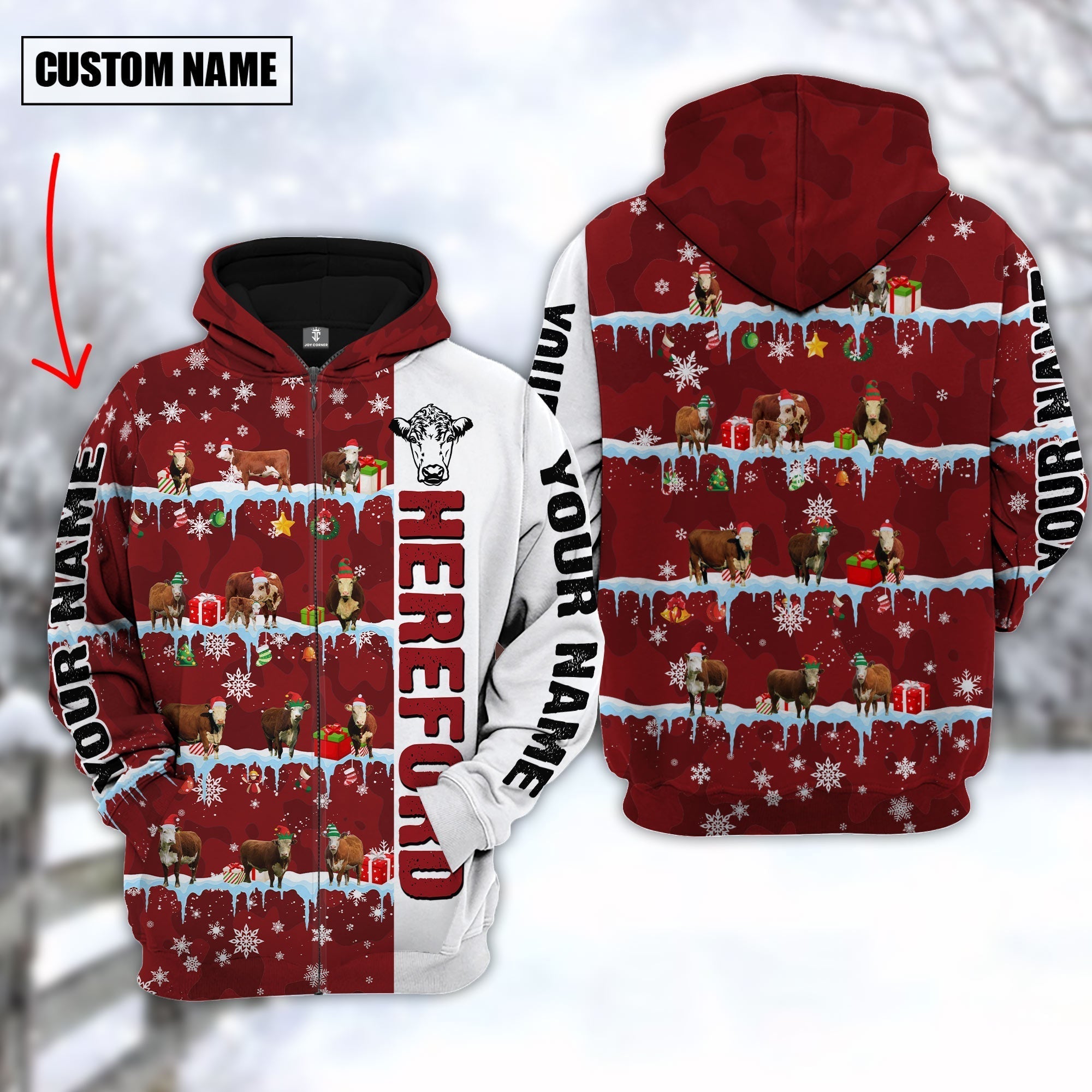 Personalized Name Hereford Cattle Christmas 3D Hoodie