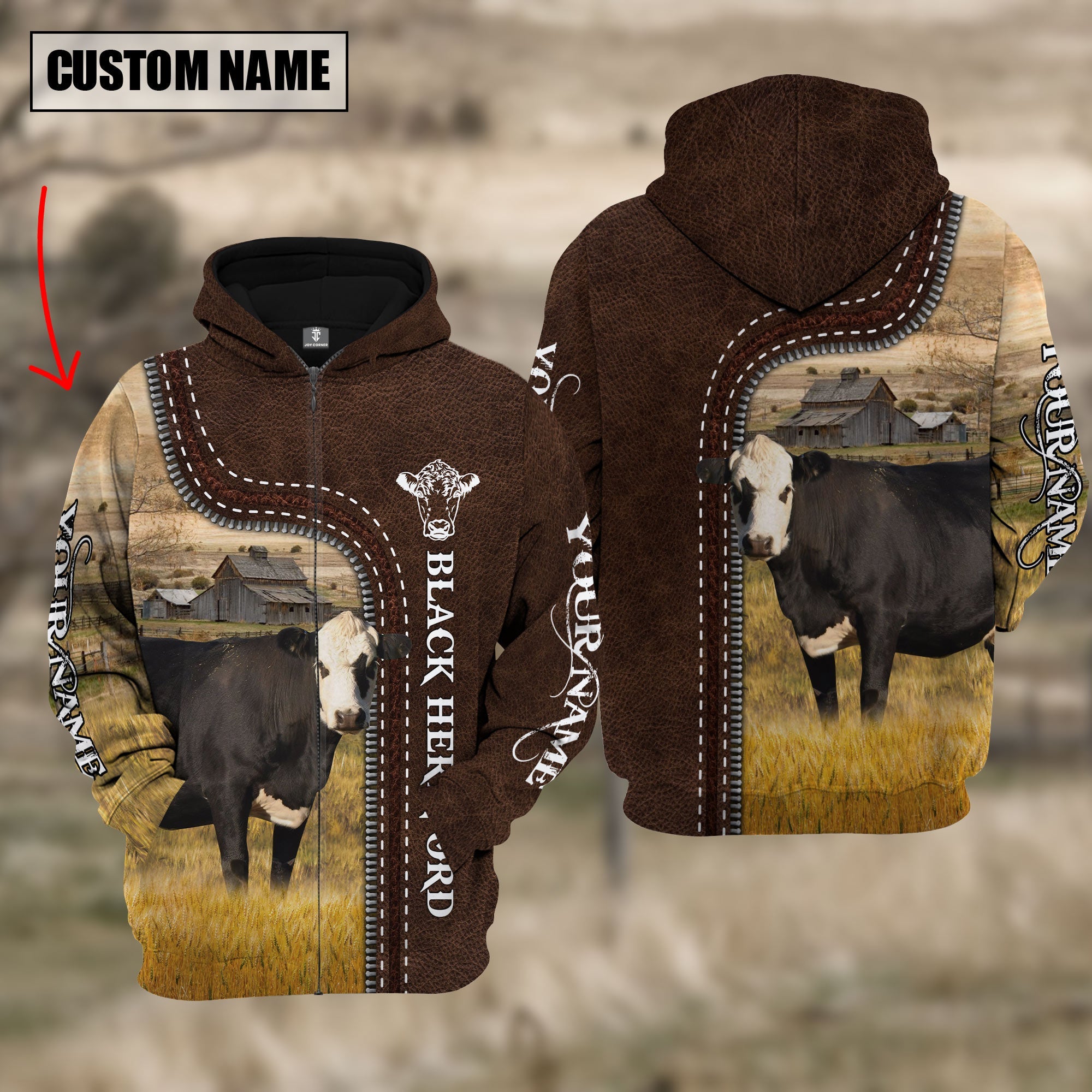 Black Hereford Farming Leather Pattern Personalized 3D Hoodie