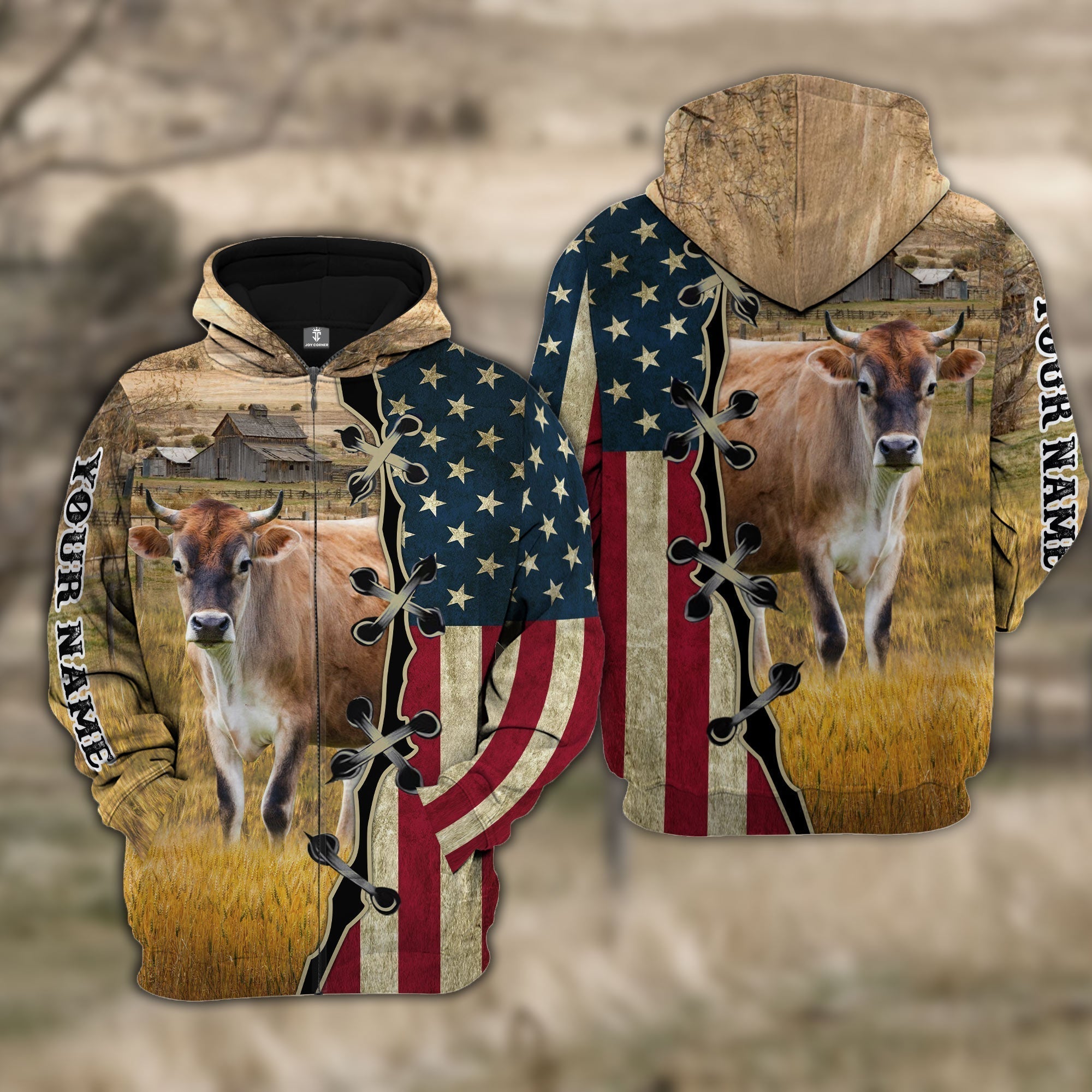 Custom Name Brown Swiss Cattle American Flag 3D Shirt