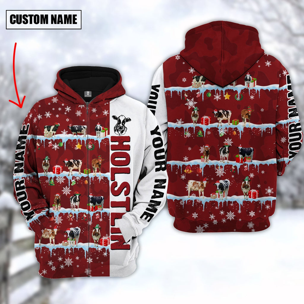 Personalized Name Holstein Cattle Christmas 3D Hoodie