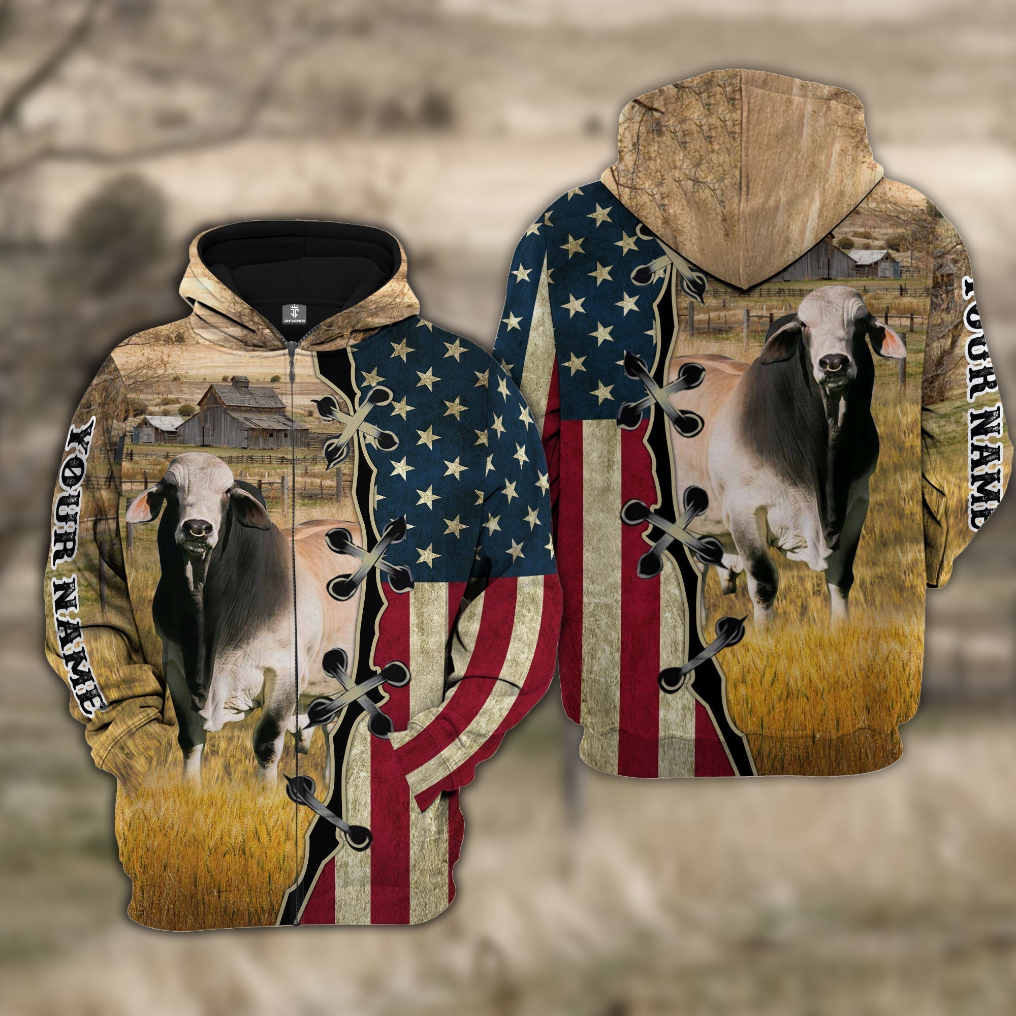 Custom Name Brahman Cattle American Flag 3D Shirt