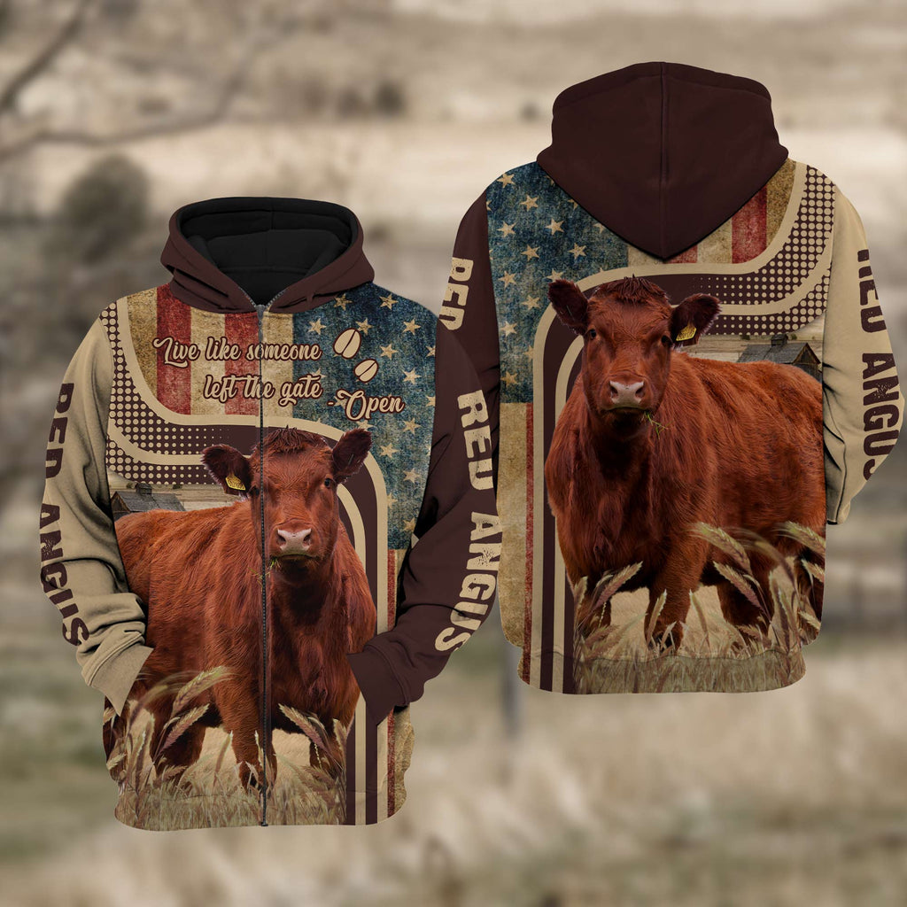Red Angus Cattle US Flag All Over Printed 3D Cattle Hoodie TT3