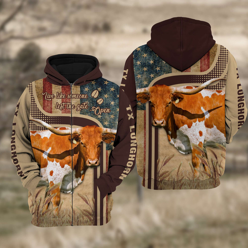 Texas Longhorn Cattle US Flag All Over Printed 3D Cattle Hoodie TT5