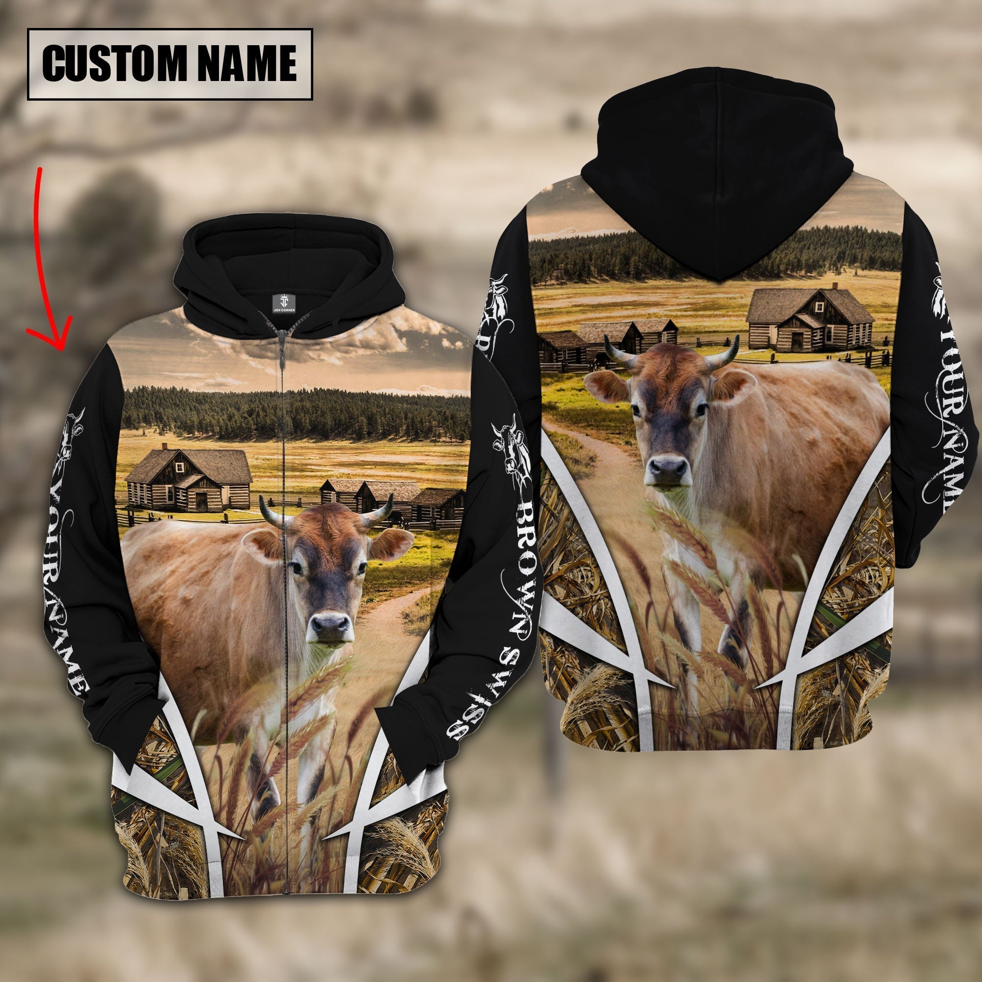 Brown Swiss Custom Name Meadow Pattern Black Hoodie