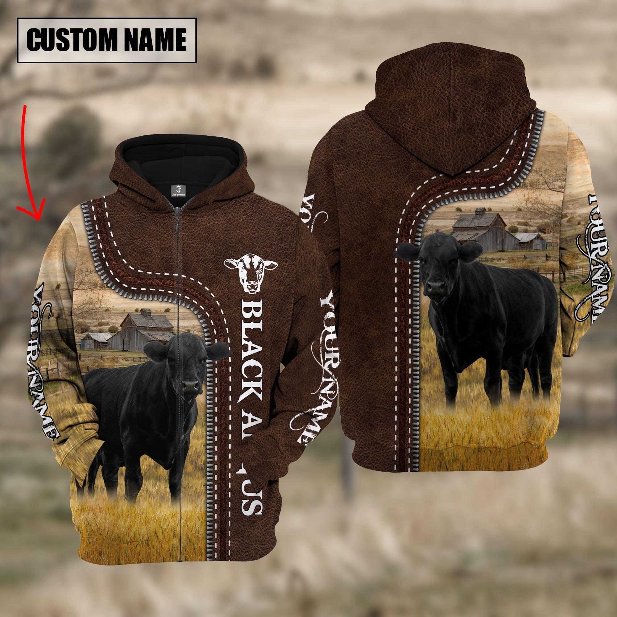 Black Angus Farming Leather Pattern Personalized 3D Hoodie