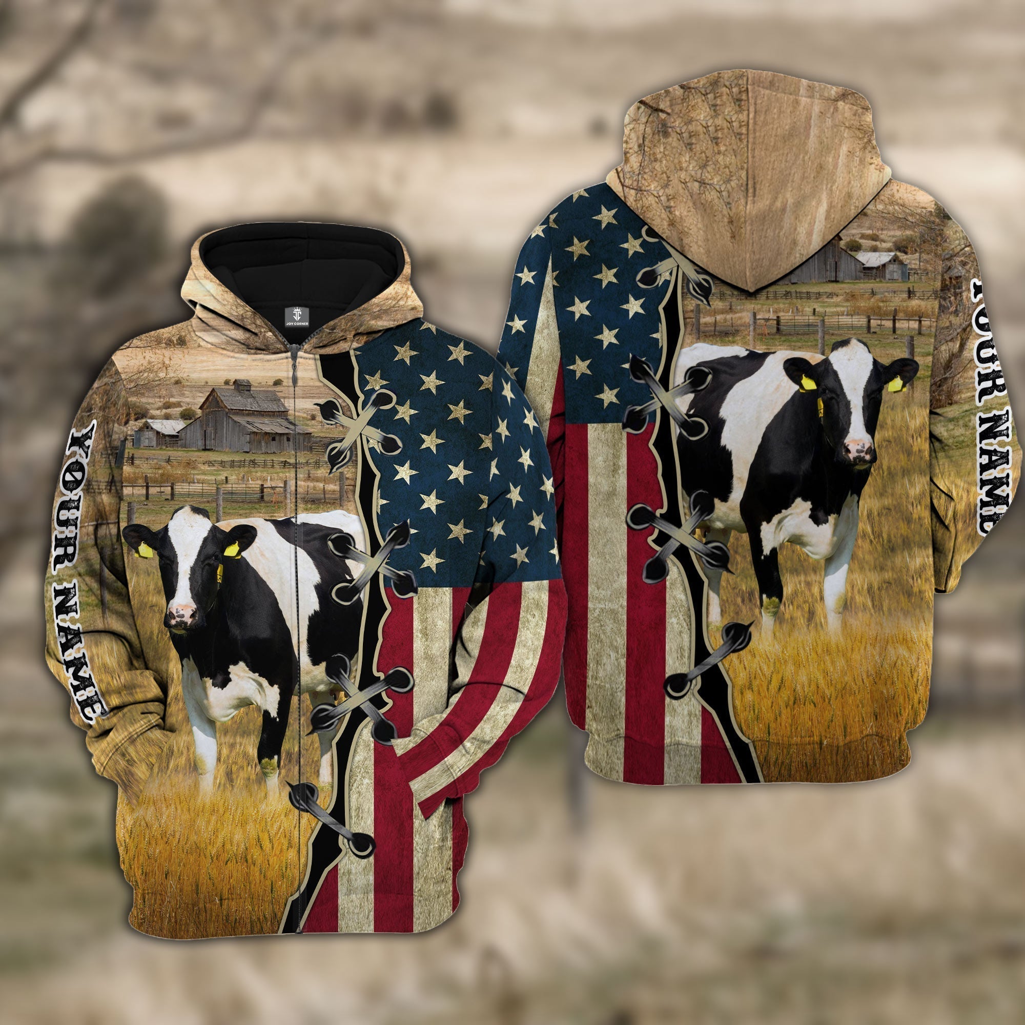 Custom Name Holstein Cattle American Flag 3D Shirt