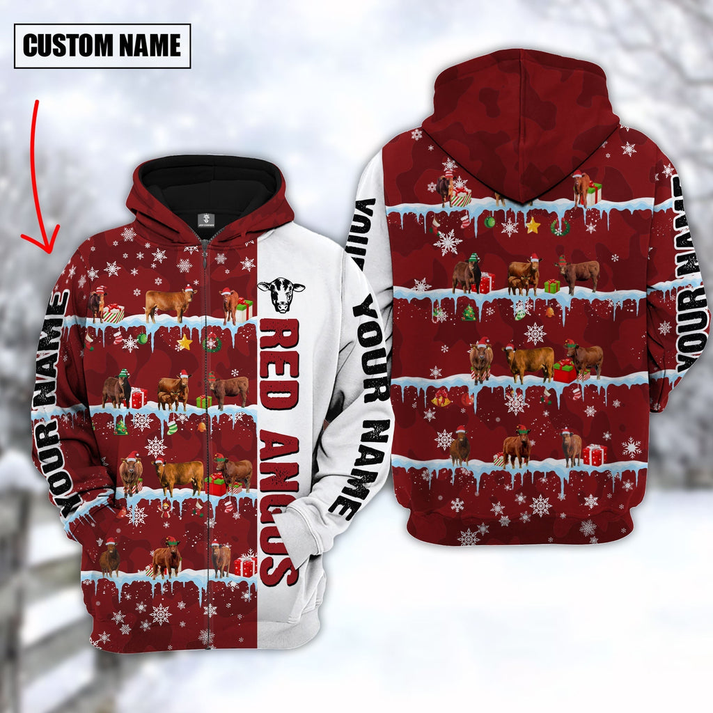 Personalized Name Red Angus Cattle Christmas 3D Hoodie