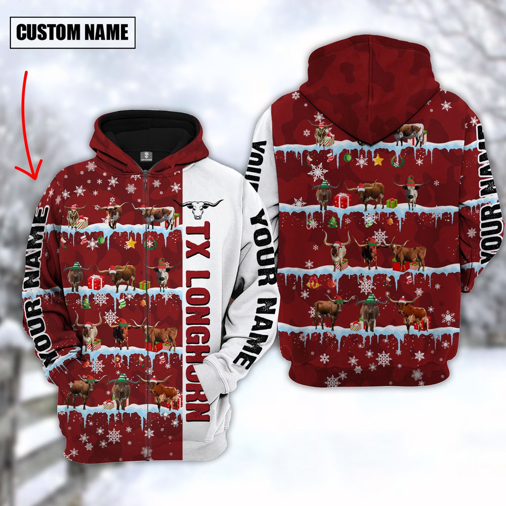 Personalized Name Texas Longhorn Cattle Christmas 3D Hoodie