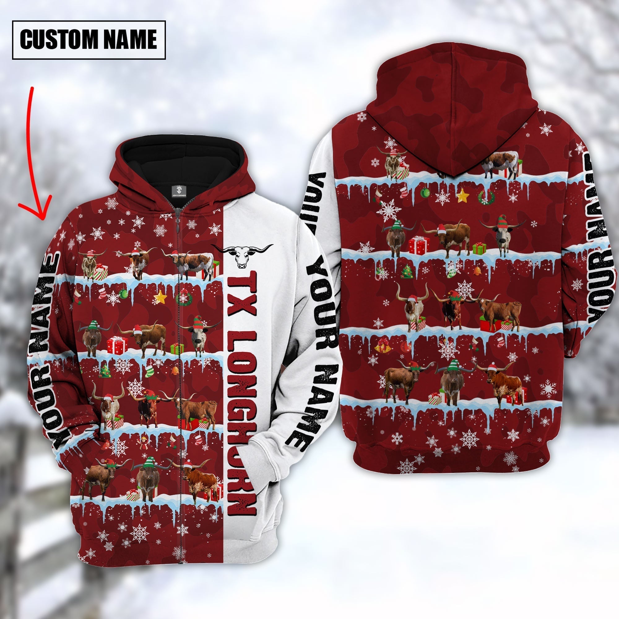 Personalized Name Texas Longhorn Cattle Christmas 3D Hoodie