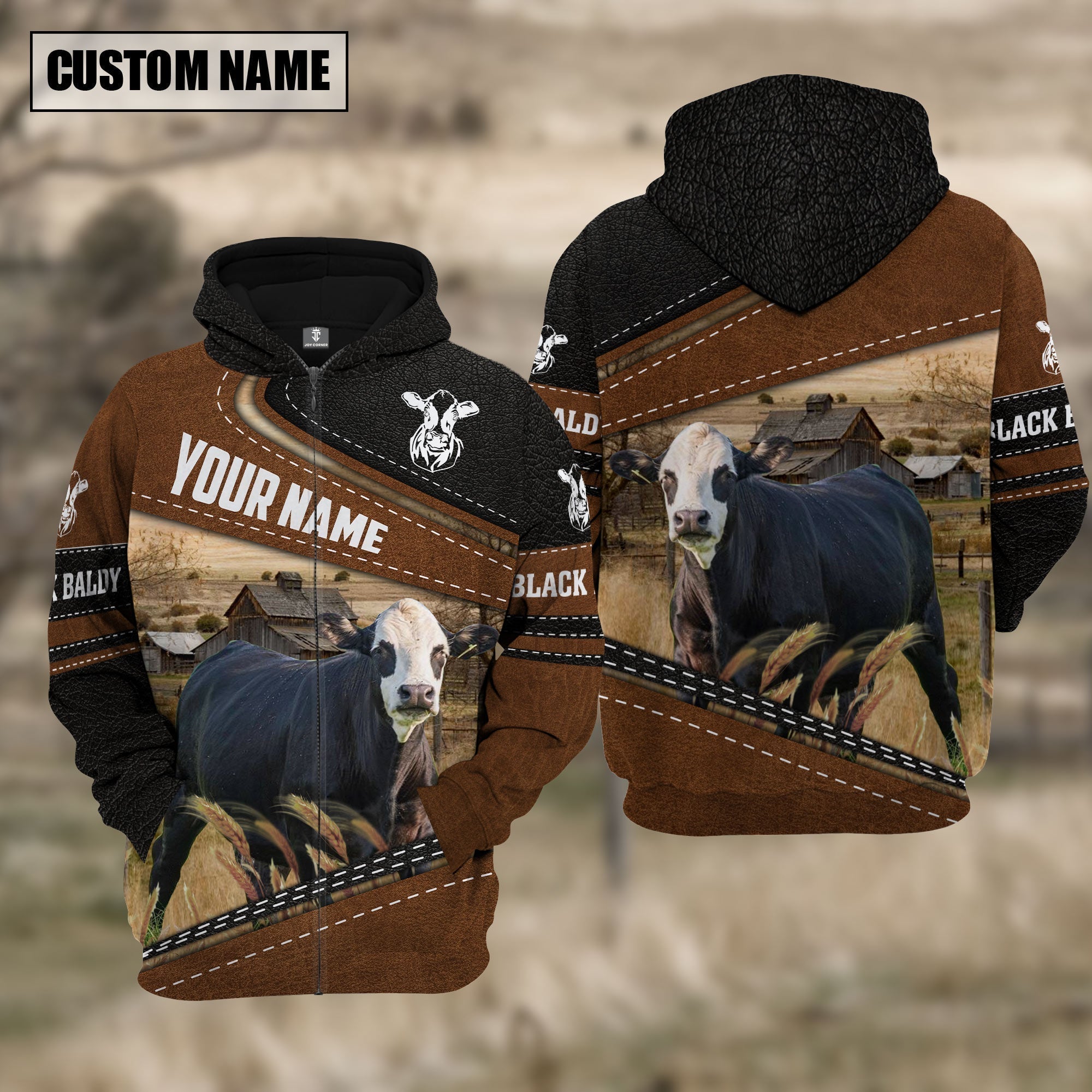 Black Baldy Cattle Leather Pattern Farm Personalized 3D Hoodie