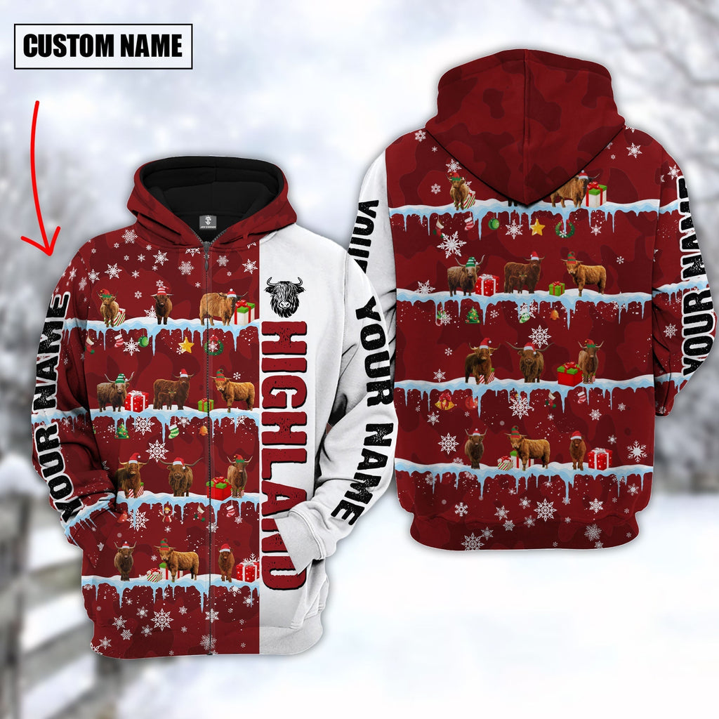Personalized Name Highland Cattle Christmas 3D Hoodie