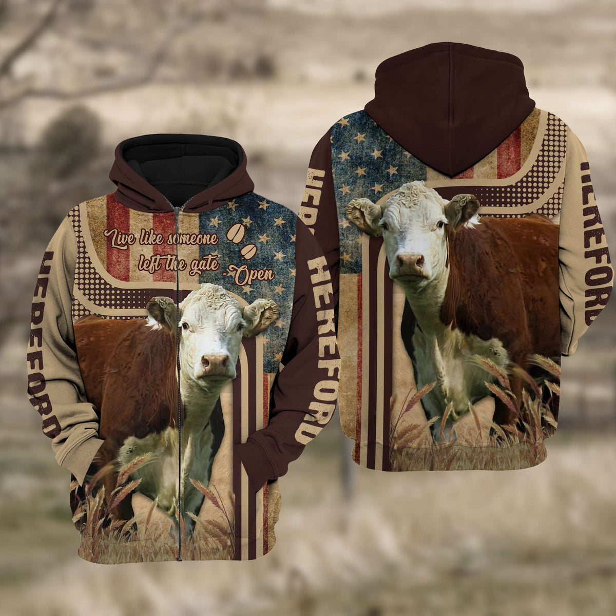 Hereford Cattle US Flag All Over Printed 3D Cattle Hoodie TT7