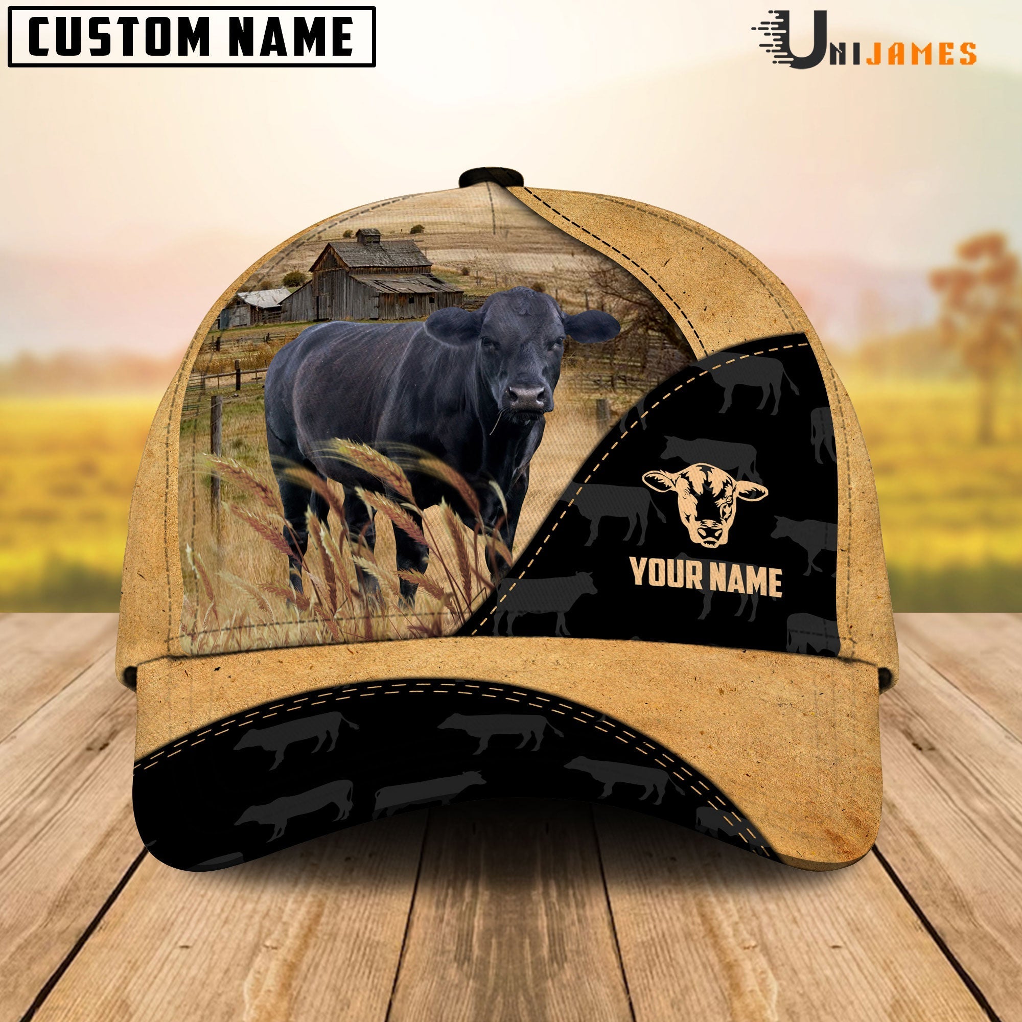 Black Angus Cattle Black & Yellow Personalized Name Cap