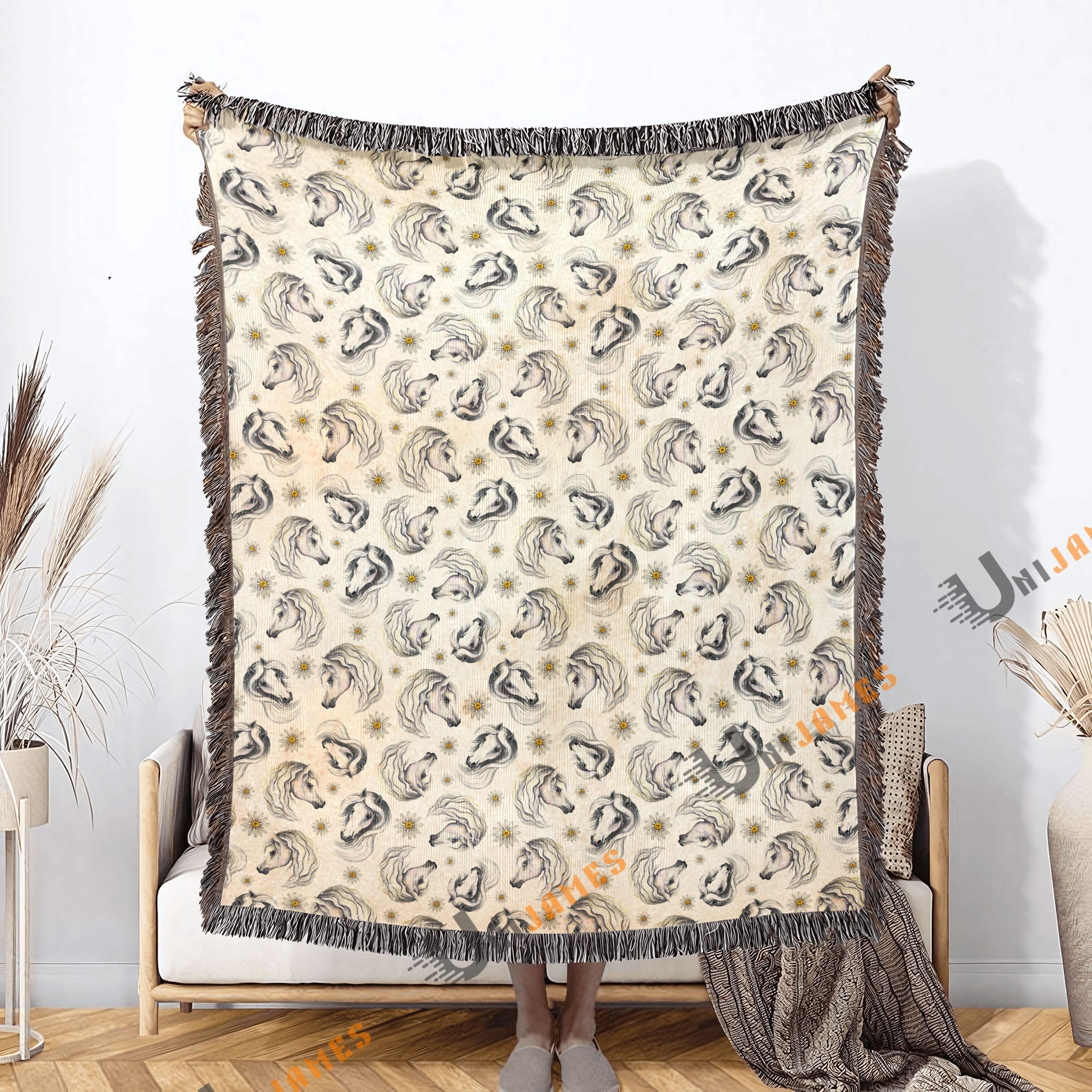 Horse Flower Pattern Woven Blanket