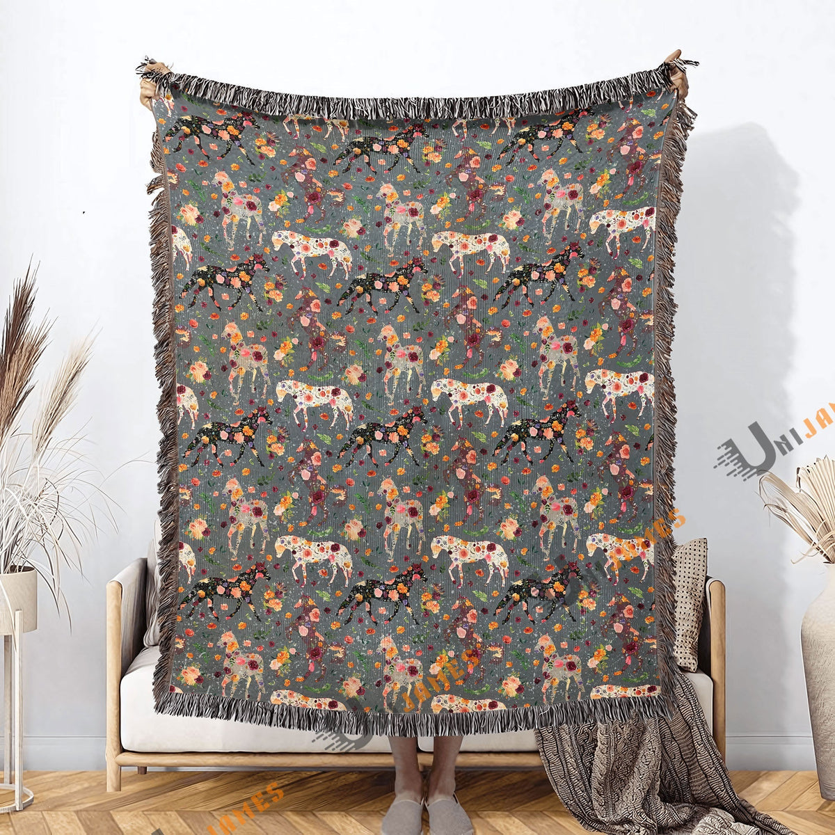 Horse Floral Pattern Woven Blanket