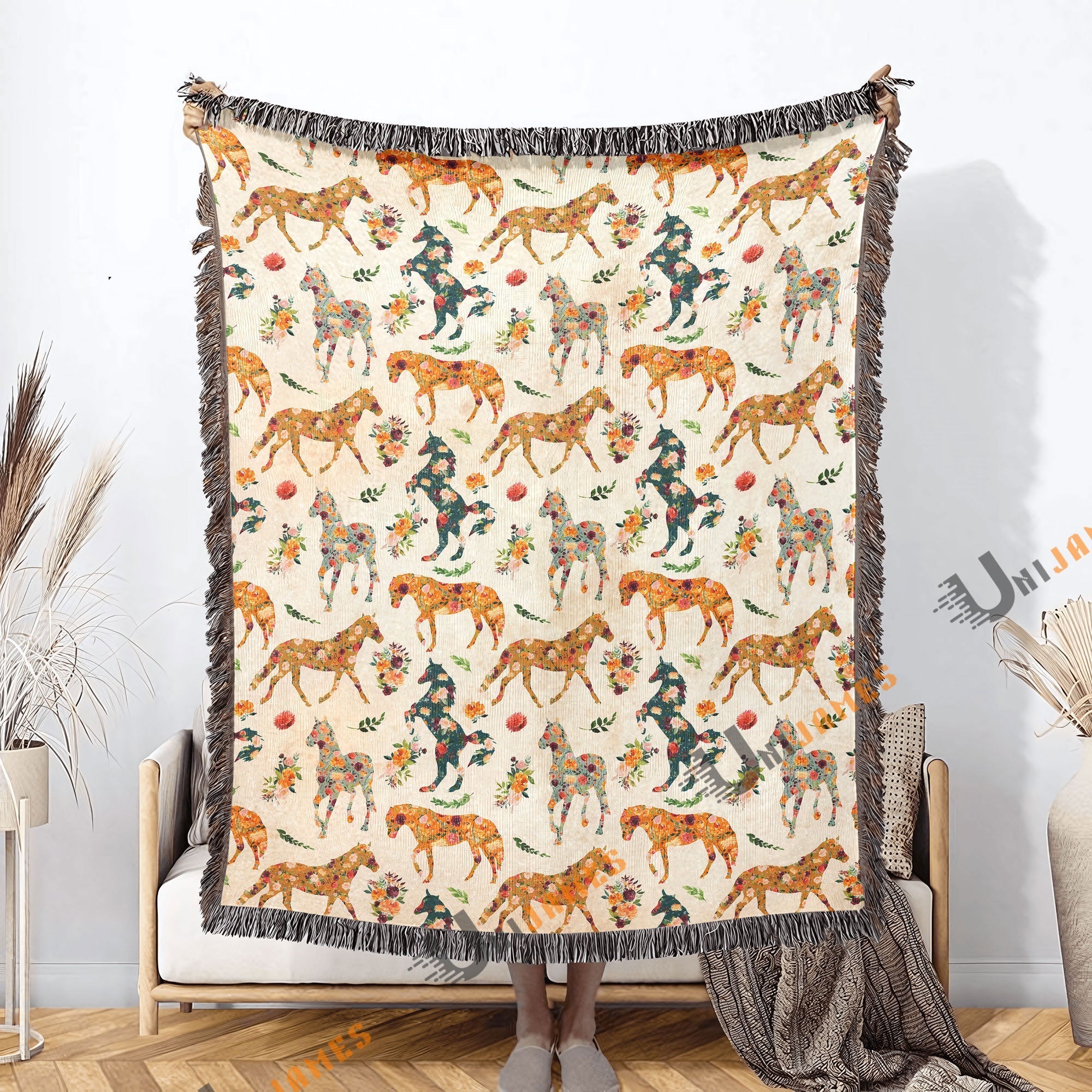 Horse Floral Yellow Pattern Woven Blanket