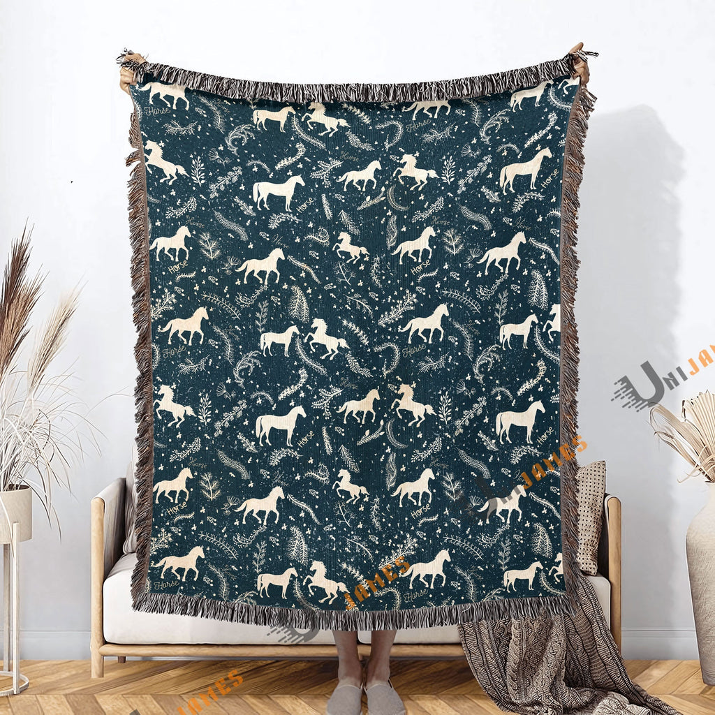 Horse Navy Blue Pattern Woven Blanket