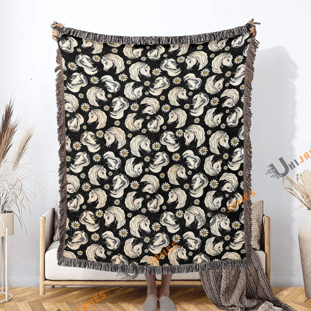 Horse Flower Pattern Black Woven Blanket